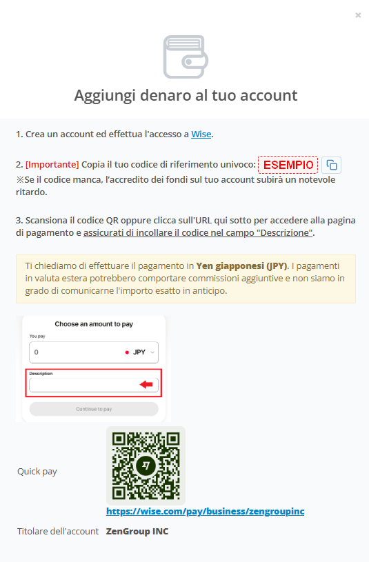 screenshot aggiungi fondi su ZenMarket con Wise