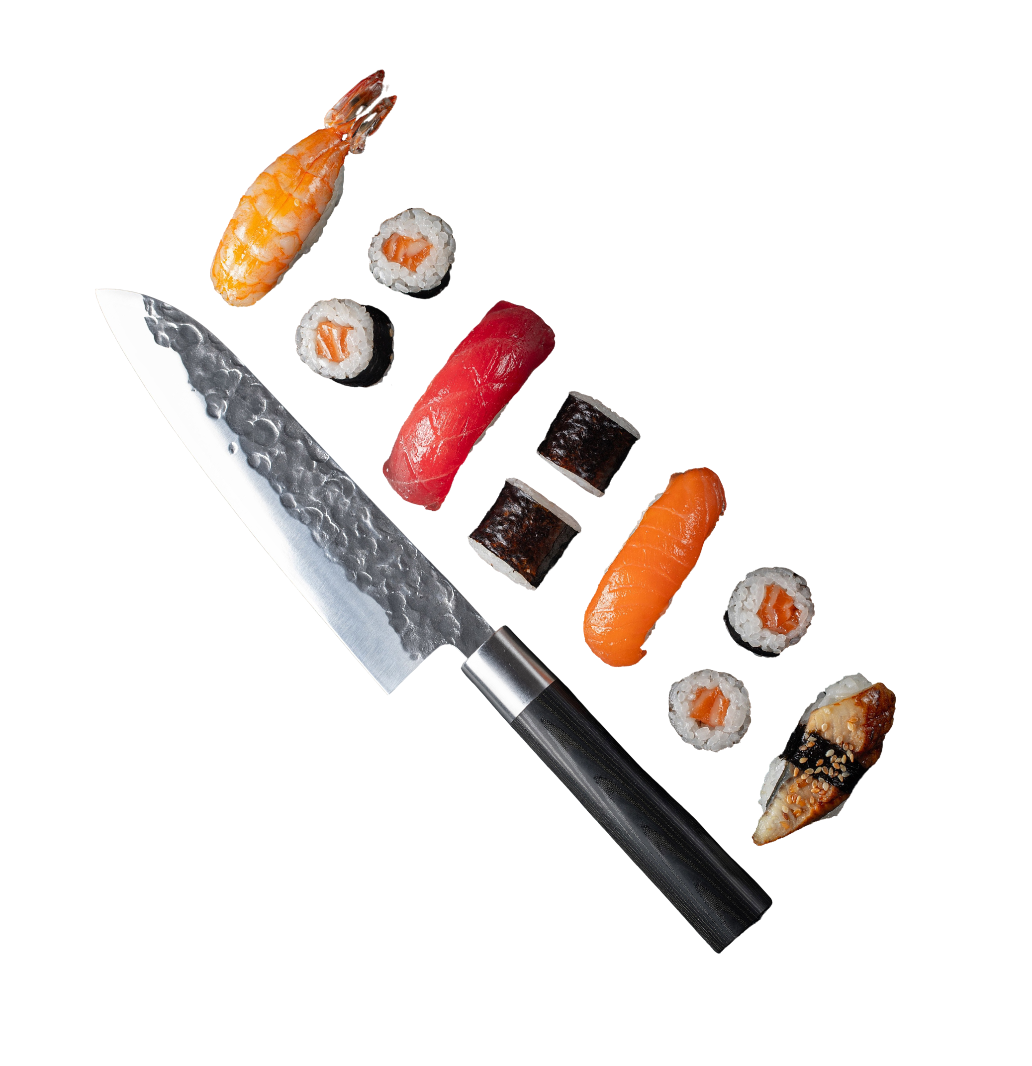 different sushi with japanese knife flat lay 1